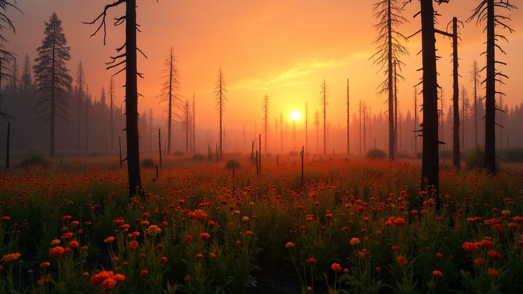 A quiet sunrise over a field of wildflowers growing among blackened tree remains after a forest fire